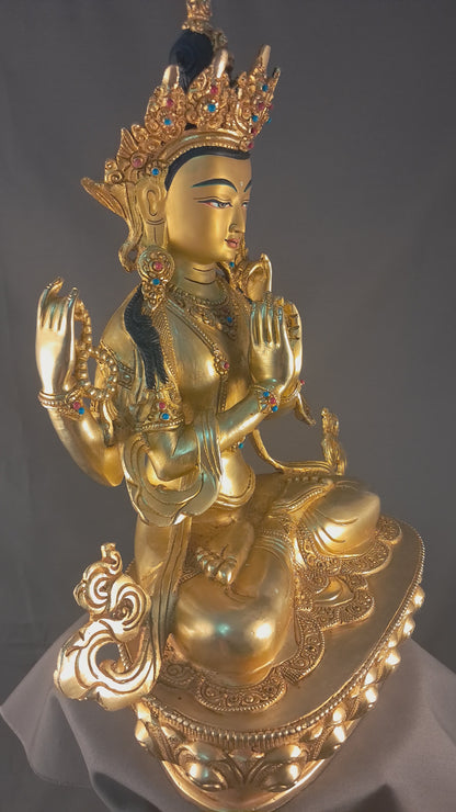 Tibetan Buddhism Gold Face Lord Chenrezig Avalokitesvara Spyan Ras Gzig Coral Turquoise Stone Gold Plated Copper Statue Sculpture Nepal free