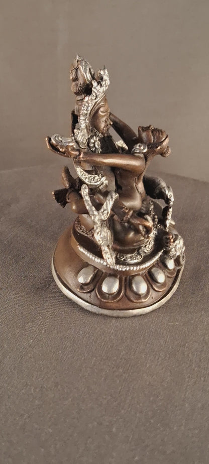 Tibetan Buddhism God of Wealth Jambala Zambala with Consort Silver Oxide Copper Statue Sculpture