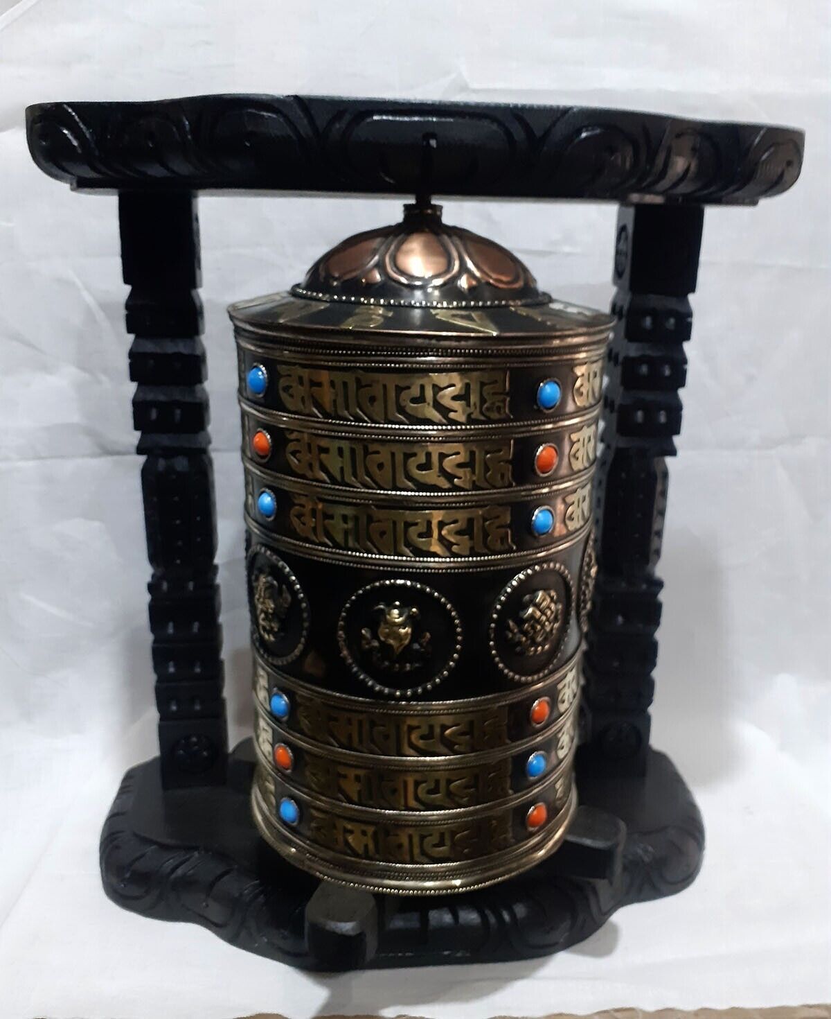 Tibetan 8 Auspicious Buddhism Om Mantra Ritual Wooden Frame Copper Brass Offering Prayer Wheel Nepal