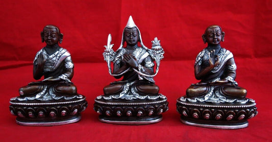 Tibetan Set of Tsongkhapa Silver Plated Oxide Fine 3.5" Copper Handmade Statue Figure Nepal