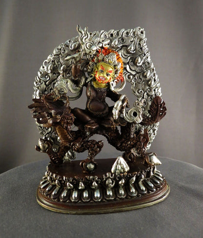 Tibetan Buddhism Copper Silver Oxide Gold Face Wealth God Zambala Jambhala Statue Figure Nepal