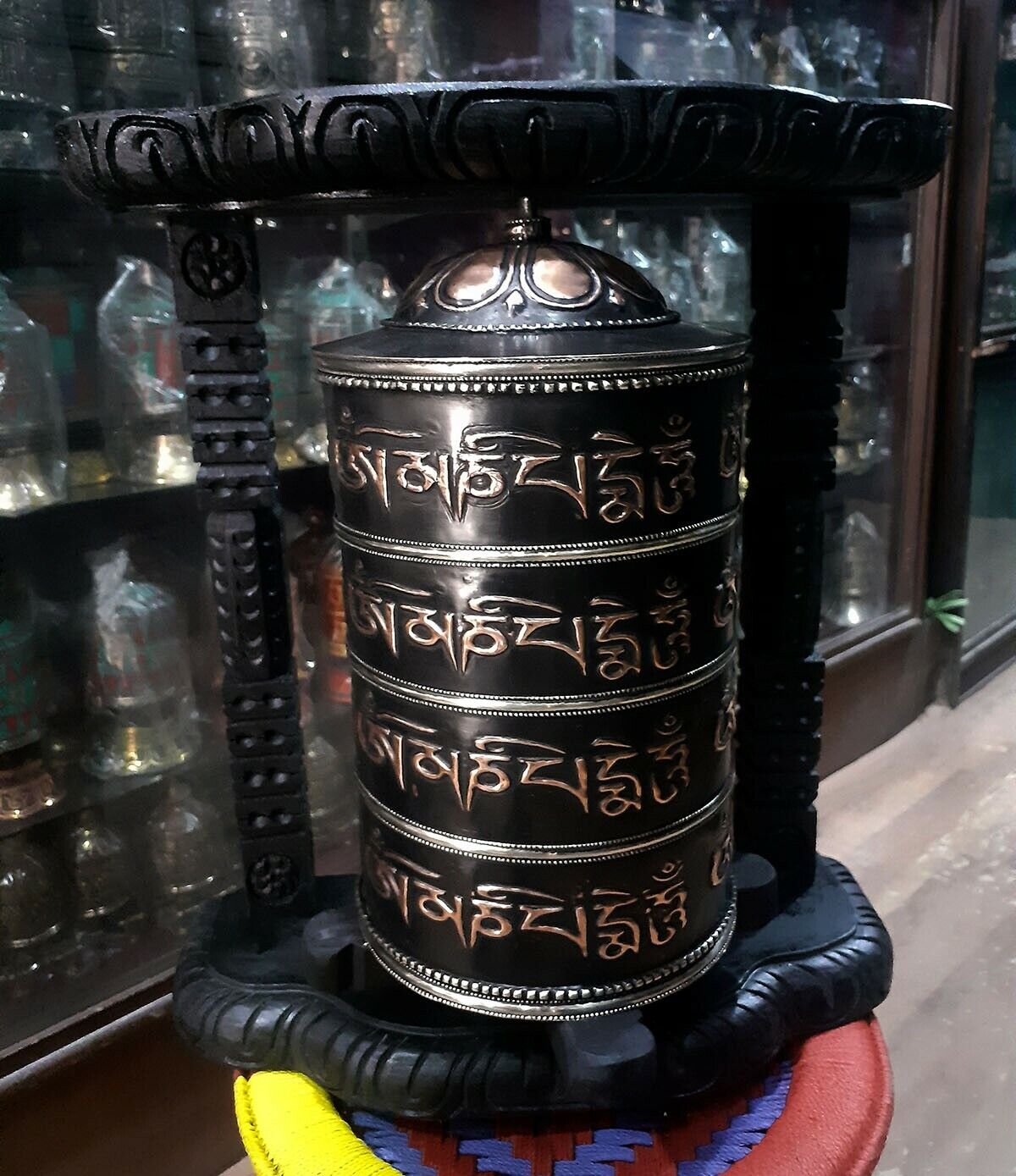 Tibetan Buddhism Om Mani Padme Hum Mantra Copper Handmade Wooden Frame Prayer Wheel Nepal