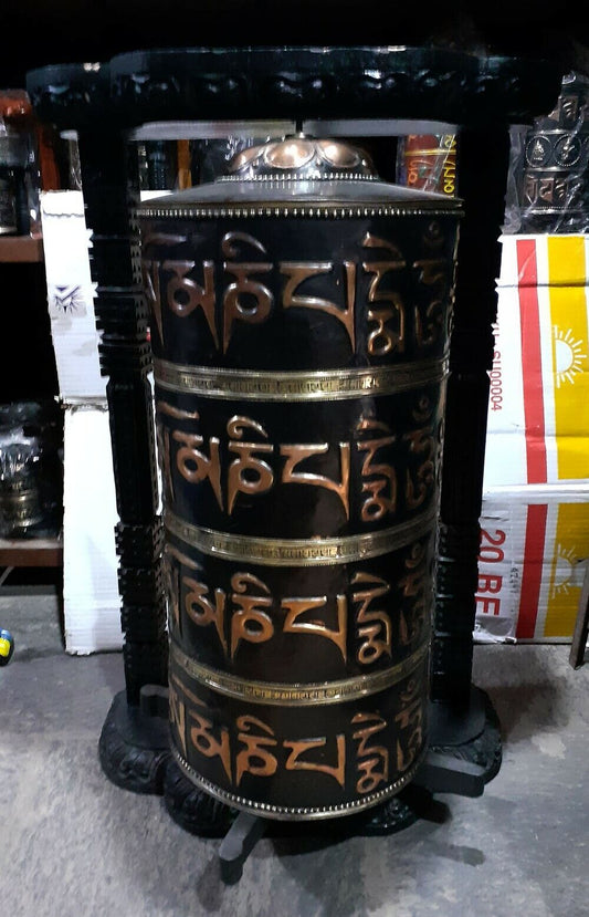 Tibetan Om Mani Padme Hum Mantra 35" Wooden Huge Wooden Frame Copper Offering Prayer Wheel Nepal