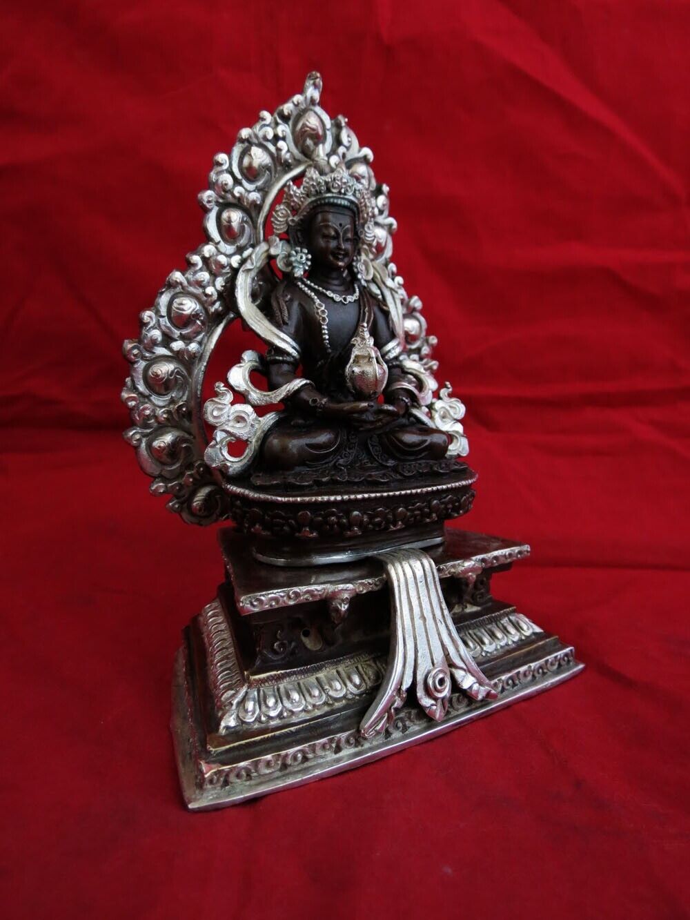 Buddhism Goddess Aparmita Maitreya Amitayus Copper Silver Oxide Statue Figure Nepal