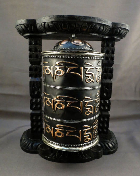 Tibetan Buddhism Om Mani Padme Hum Mantra Wooden Craved Frame Offering Oxide Copper Prayer Wheel Nepal