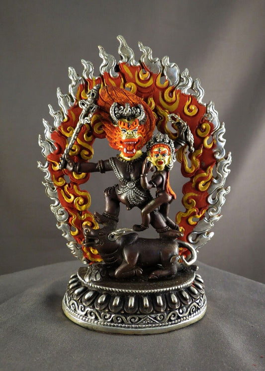 Tibetan Buddhism Gold Face Wrathful God Yamantaka with Consort Copper Silver Oxide Figure Statue Nepal