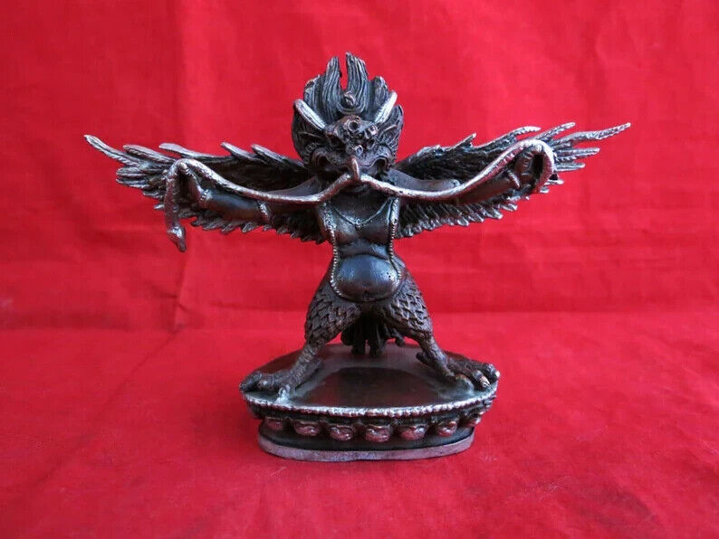 Hinduism Buddhism Copper Oxide Silver Plated Garuda Bantej Eagle Statue Figure Nepal