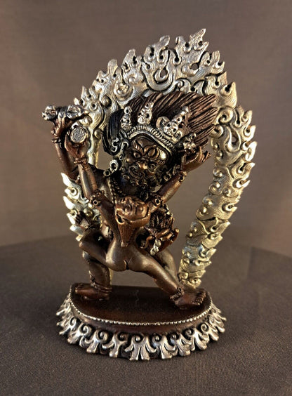 Buddhism Protector God Vajrapani with Consort Silver Plated Copper Oxide Statue Nepal