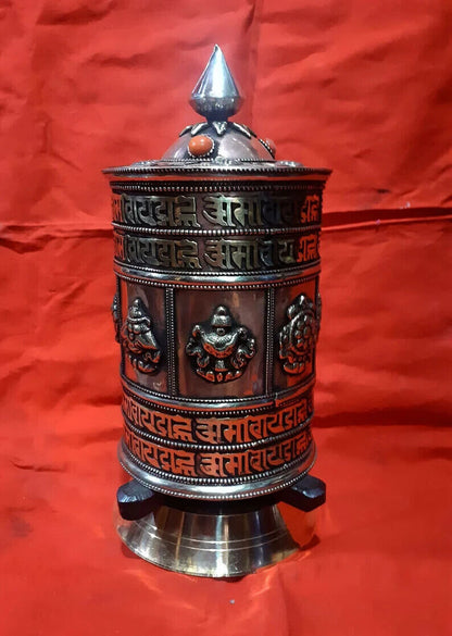 Tibetan Om Mani Padme Hum Mantra 8 Auspicious Sign Copper Brass Prayer Wheel Nepal