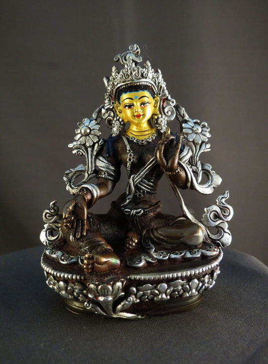 Tibetan Buddhism Gold Face Goddess Green Tara Rupa Silver Copper Oxide Statue Sculpture Figure Nepal