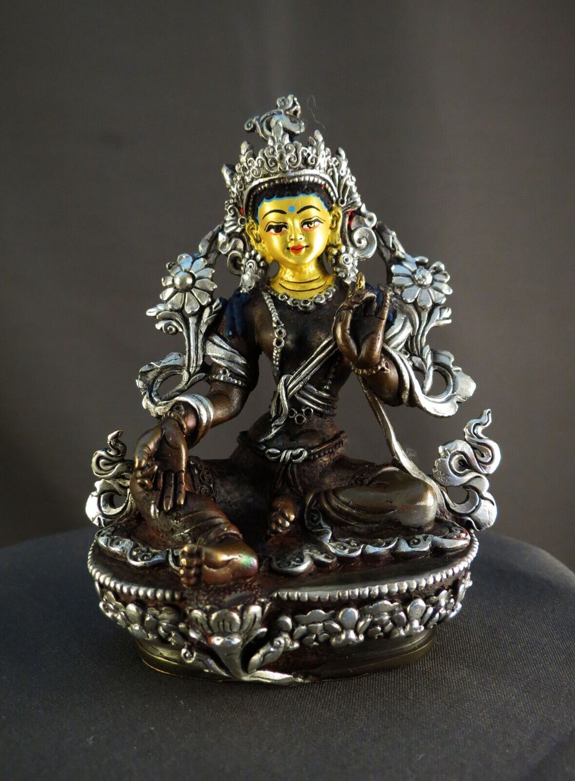 Tibetan Buddhism Gold Face Goddess Green Tara Rupa Silver Copper Oxide Statue Figure Nepal