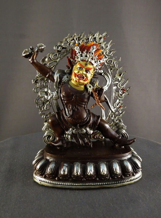 Tibetan Buddhism Protector Gold Face God Vajra Pani Copper Oxide Silver Statue Figure Nepal