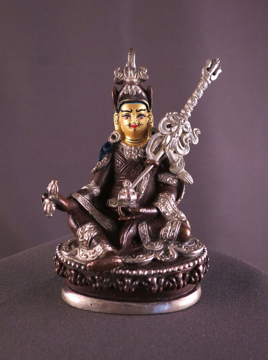 Tibetan Guru Rinpoche Gold Face (Padmasambhava) 3.2" Copper Silver Oxide Statue Figure Nepal