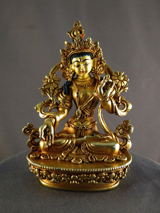 Goddess White Tara Gold Face Hand Paint Copper Gold Plated Statue Figure Nepal