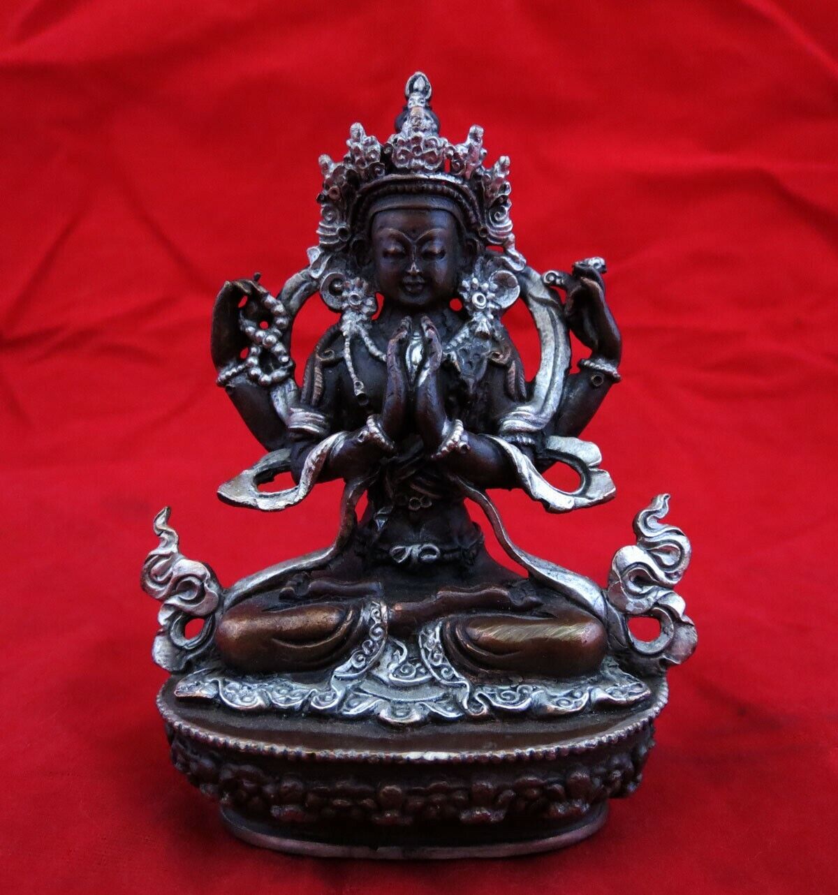 Tibetan Lord Chenrezig Khacheri 3.6" Fine Copper Silver Oxide Statue Figure Nepal