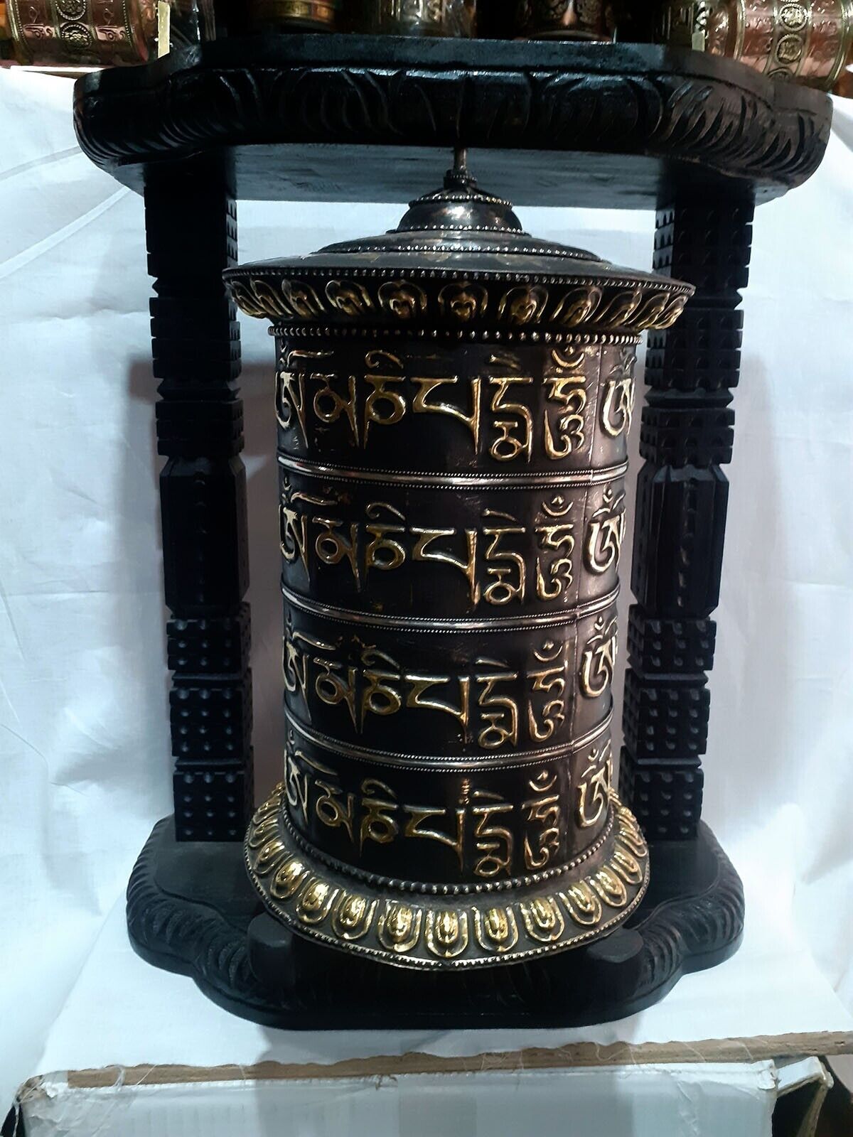 Tibetan Buddhism 4 Lane Offering Om Mani Padme Hum Mantra Wooden Craved Frame Copper Prayer Wheel Nepal