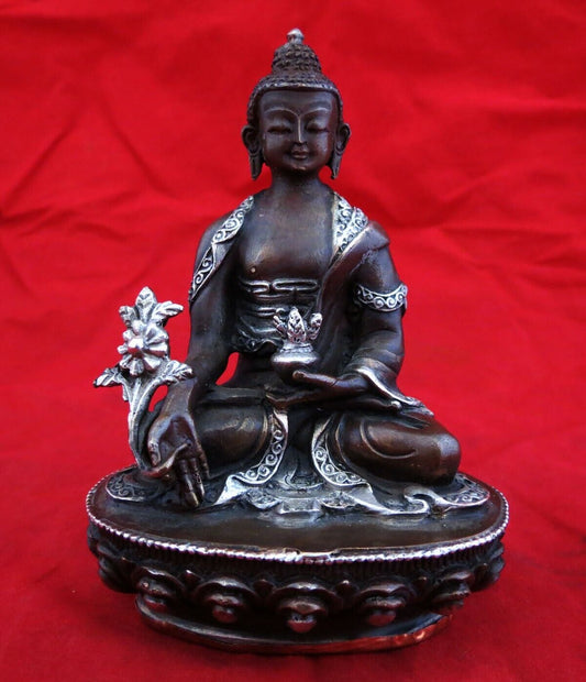 Lord Medicine Buddha Bhaisajya Guru Fine Copper Silver Oxide Statue Figure