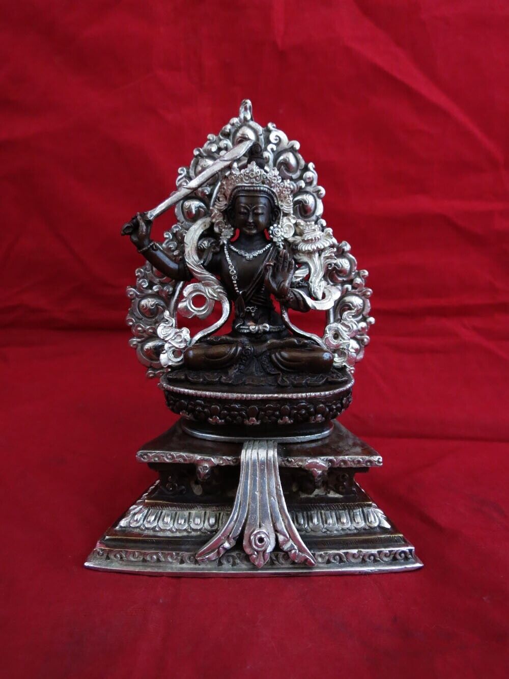 Buddhism Goddess Manjushree Manjushri Copper Silver Oxide Statue Figure Nepal