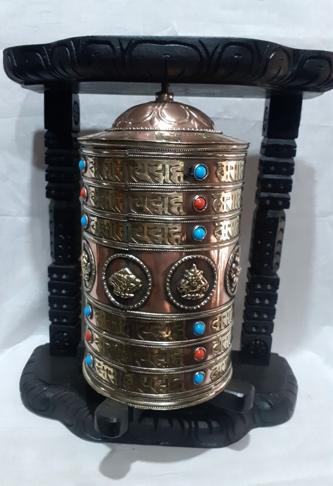 Buddhism 8 Auspicious Sign Om Mantra Copper Brass Offering Meditation Wooden Frame Prayer Wheel Nepal