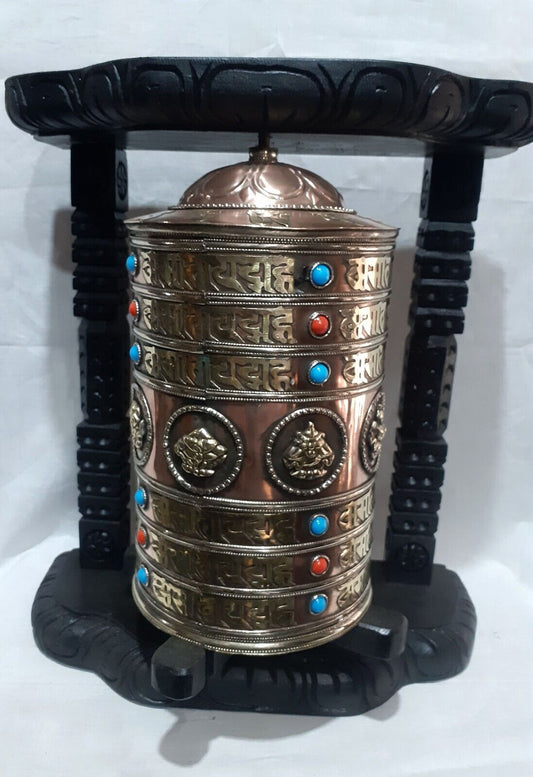 Buddhism 8 Auspicious Sign Om Mantra Copper Brass Offering Meditation Wooden Frame Prayer Wheel Nepal