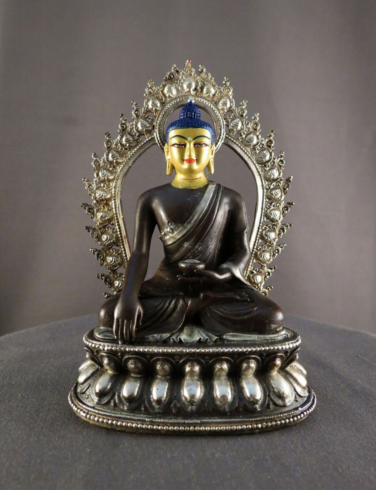 Lord Akshobhya Buddha Gold Face Hand Paint Silver Oxide Copper Statue Figure Nepal