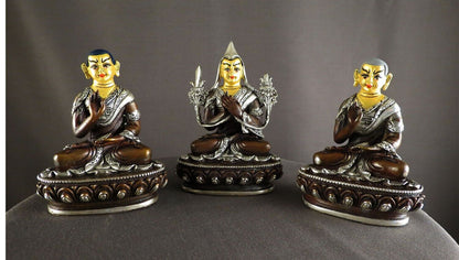 Tibetan Buddhism Gold Face Set of Tsongkhapa Silver Plated Oxide Copper Statue Figure Nepal