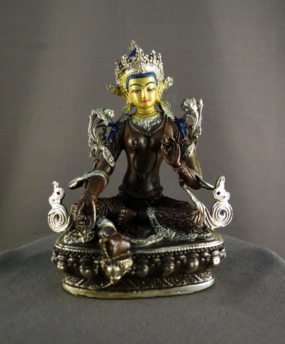 Buddhism Goddess Green Tara Rupa Gold Face Paint Silver Oxide Copper Figure Statue Nepal