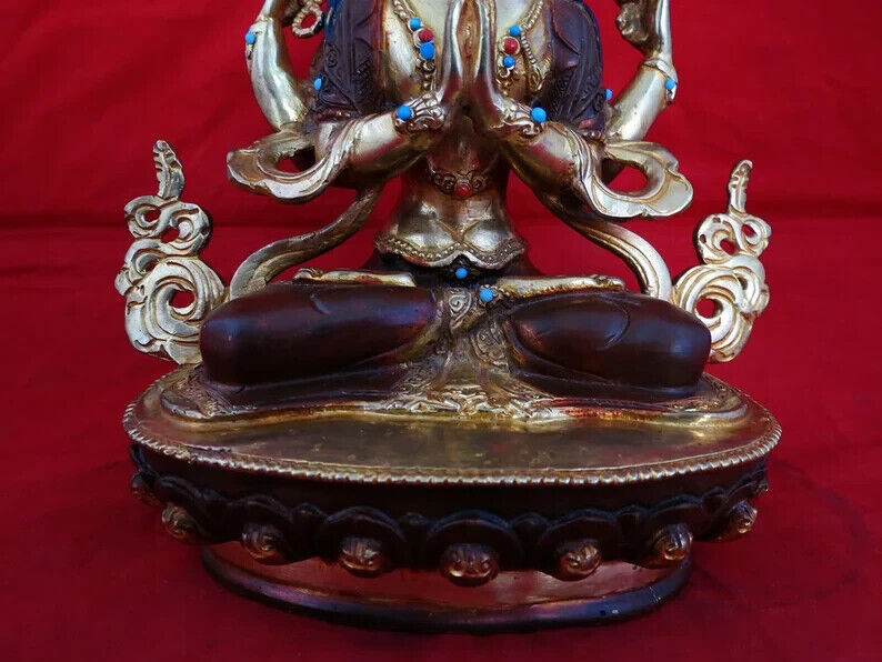 Tibetan Lord Chenrezig Khacheri 8.5" Mercury Gold Plated Copper Statue Figure