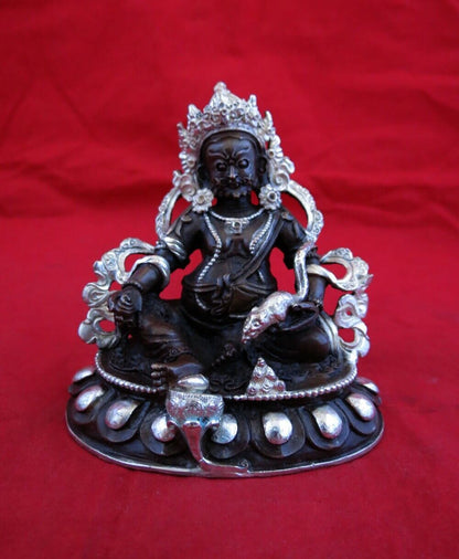 Tibetan Buddhism God of Wealth Zambala Jambala Kuber Silver Oxide Copper Statue Nepal