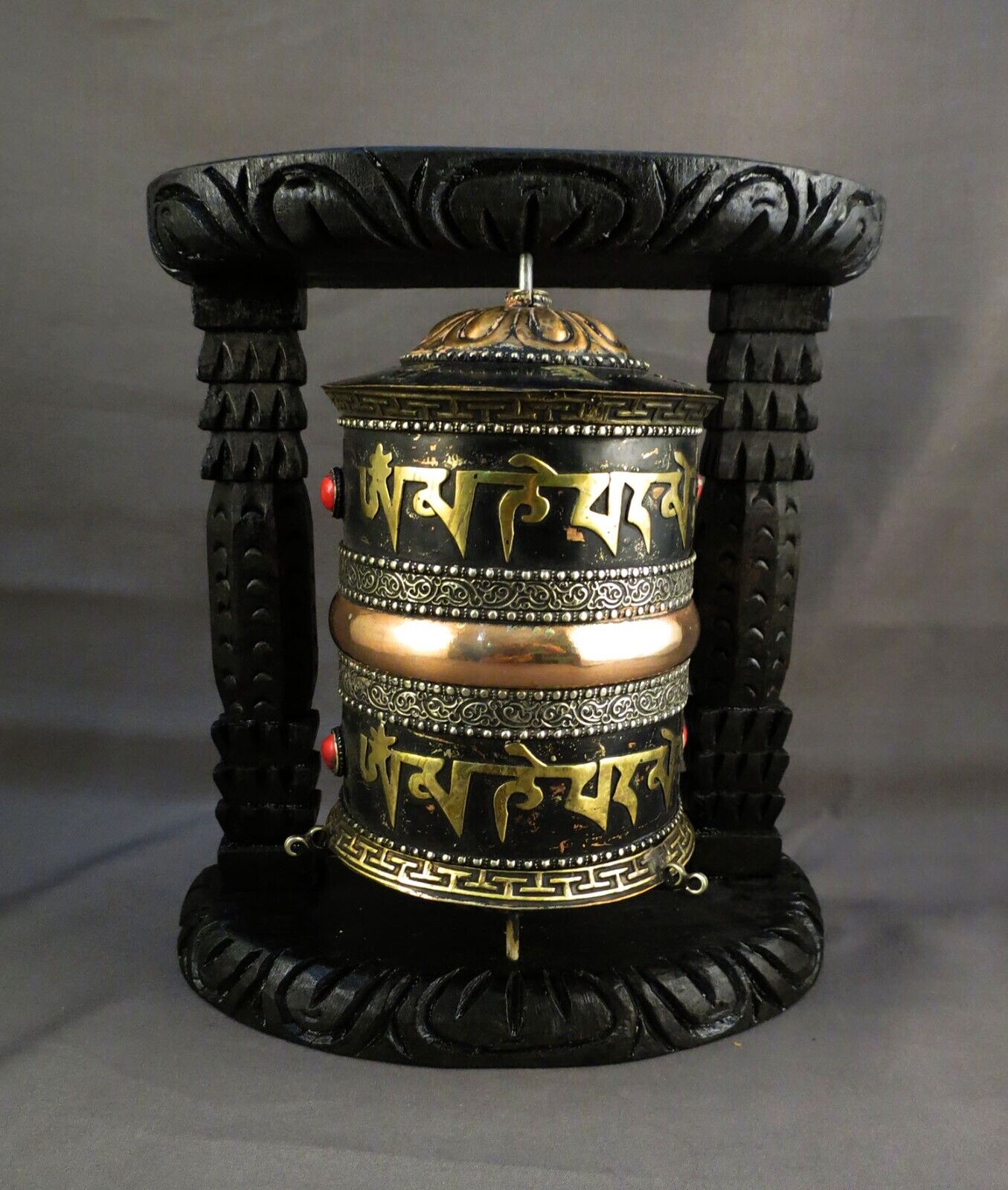 Tibetan Buddhism Om Mantra Meditation Offering Copper Oxide Wooden Frame Prayer Wheel Nepal