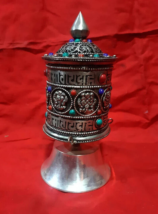 Buddhism 8 Auspicious Sign Om Mantra Silver Plated Stone 7" Copper Brass Prayer Wheel Nepal