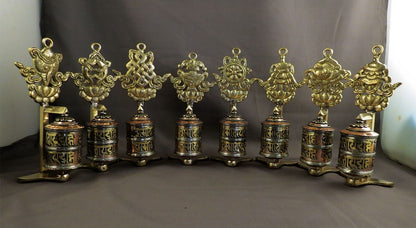 Tibetan Buddhism Set of 8 Auspicious Ritual Sign Om Mantra Table Stand Hanging Offering Copper Brass Prayer Wheel Nepal