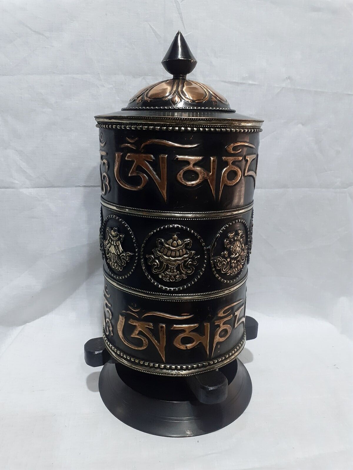 Tibetan Buddhism 8 Auspicious Sign Om Mantra Copper Brass Offering Wooden Craved Frame Prayer Wheel Nepal