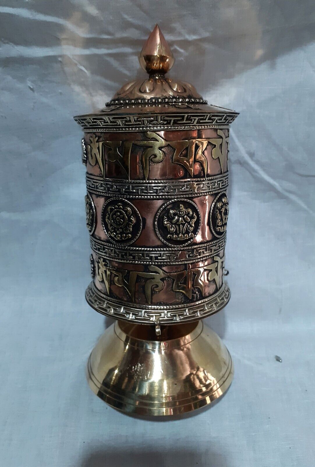 Tibetan Buddhism 8 Auspicious Sign Om Mantra Copper Brass Handmade 8" Offering Prayer Wheel Nepal