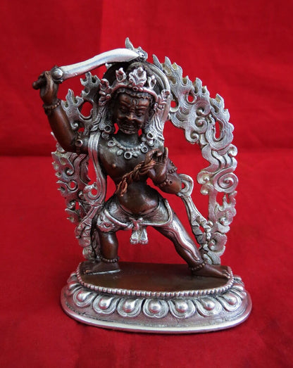 Buddhism Lord Khadga Pani Mahakal Bhairav Copper Oxide Silver Plated Statue Figure Nepal