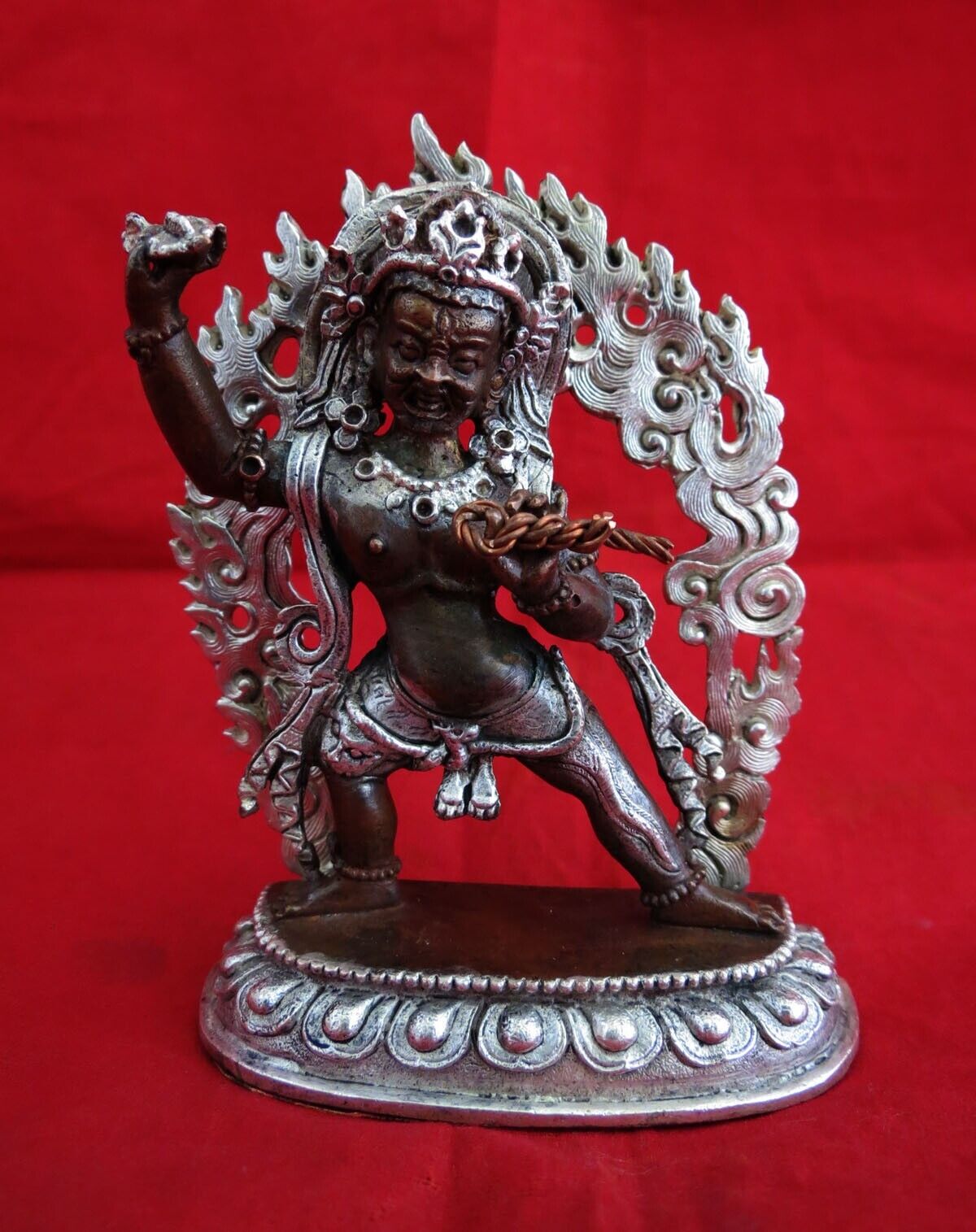 Tibetan Buddhism Protector Vajrapani Silver Plated Copper Oxide Statue Figure Nepal