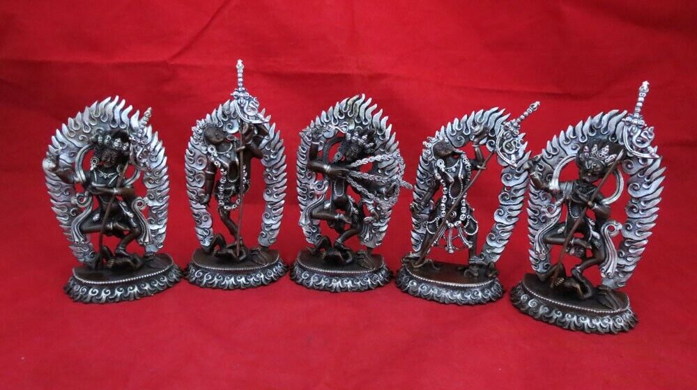 Tibetan Buddhism Set of 5 Yogini Dakini Silver Oxide Copper Statue Figure Nepal