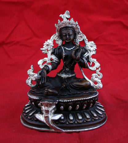 Buddhism Tibetan Goddess Green Tara Rupa Copper Silver Oxide Statue Figure Nepal