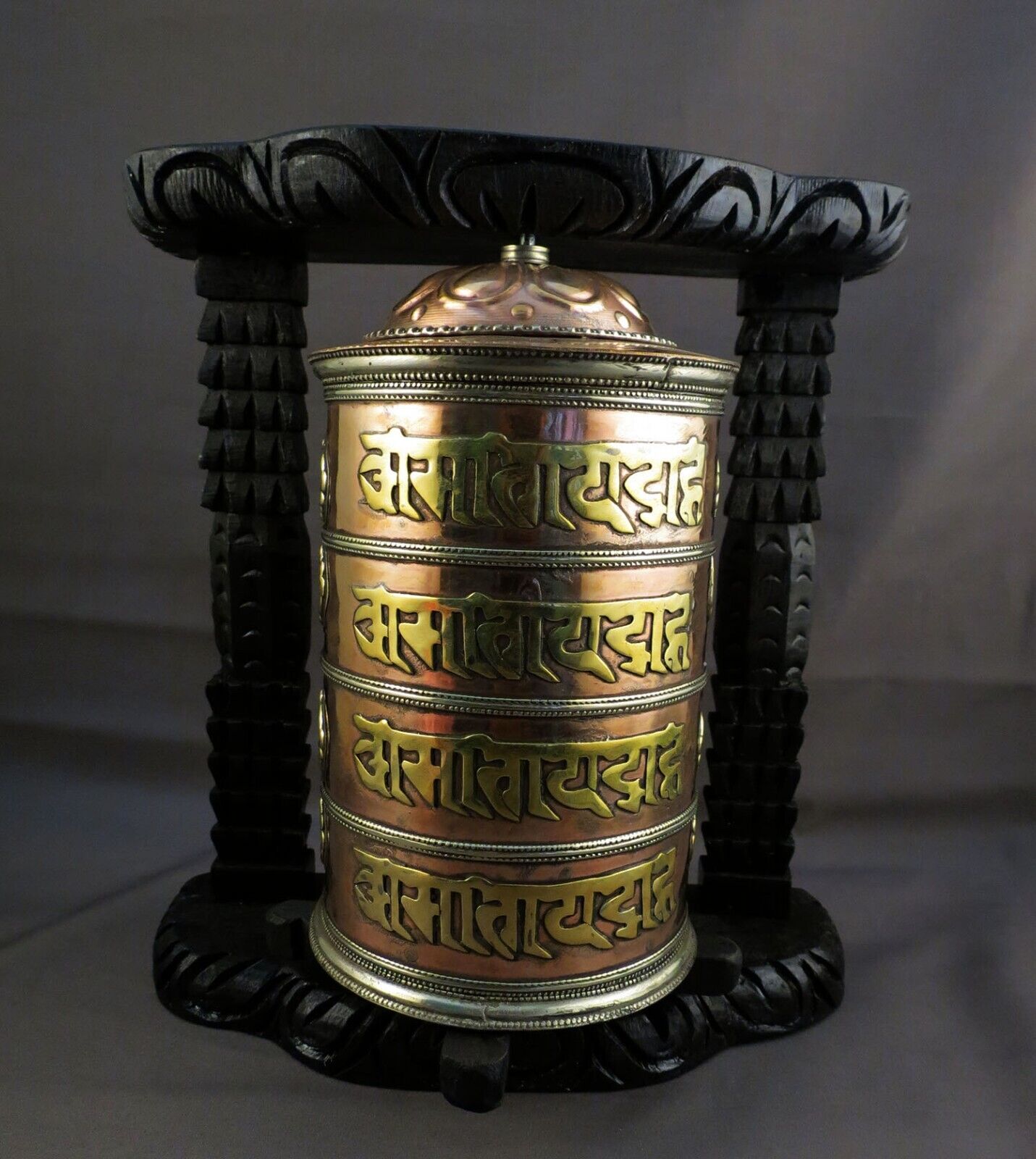 Buddhism Om Mantra Meditation Offering Spiritual Copper Wooden Frame Prayer Wheel Nepal