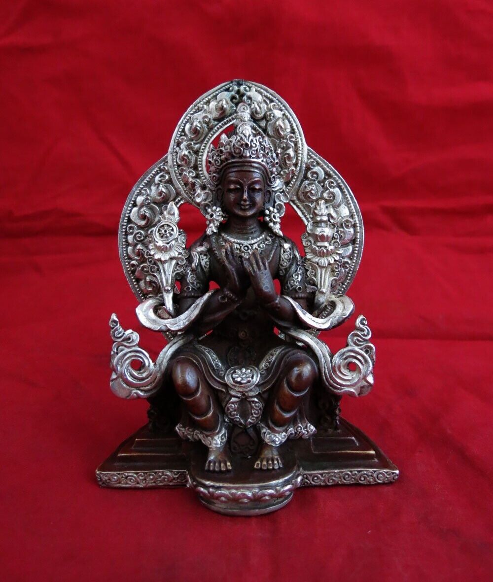 Buddhism Lord Maitreya Buddha Copper Oxide Silver Plated Statue Figure Handmade Nepal