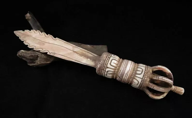 Tibetan Buddhism Ritual God Goddess Hand craved 11.2" Water Buffalo Bone Sword (Khadga) Nepal free