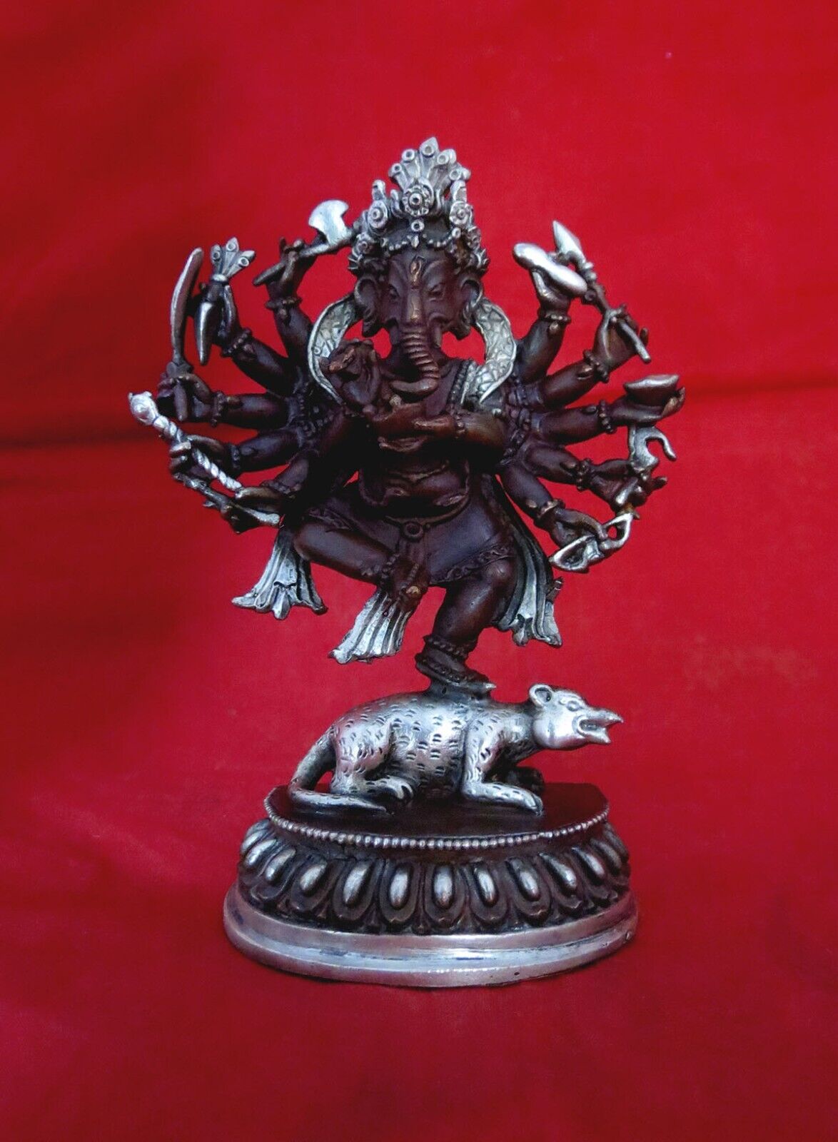 12 Hands God Lord Ganesha Copper Silver Oxide Plated Handmade Statue Figure Nepal