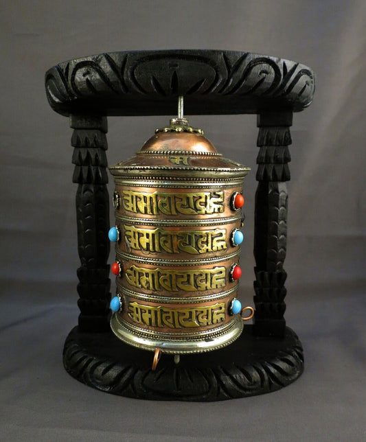 Buddhism Om Mantra Spirituality Offering Wooden Frame Copper Brass Prayer Wheel Nepal