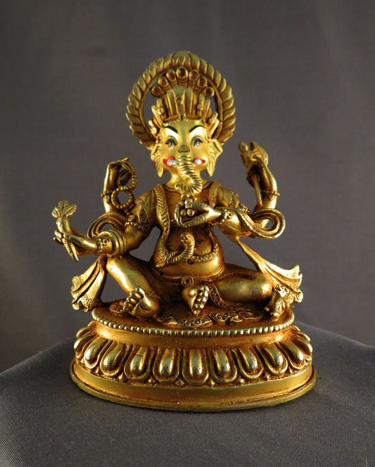 Hinduism Gold Face Hand Painting Lord Ganesh Copper Gold Plated Statue Figure Nepal