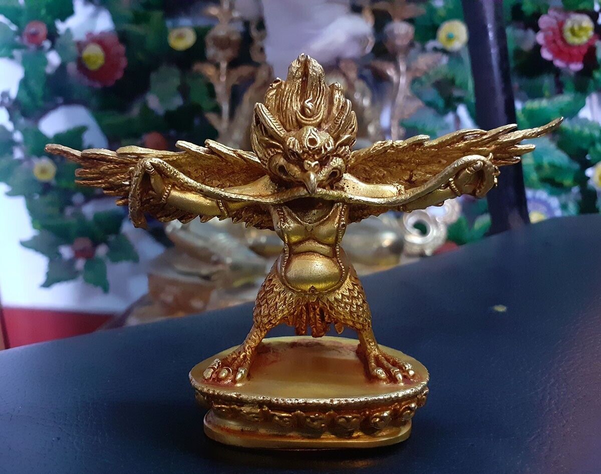 Tibetan Buddhism Gold Plated Garuda Bantej Eagle Copper Statue Figure Nepal