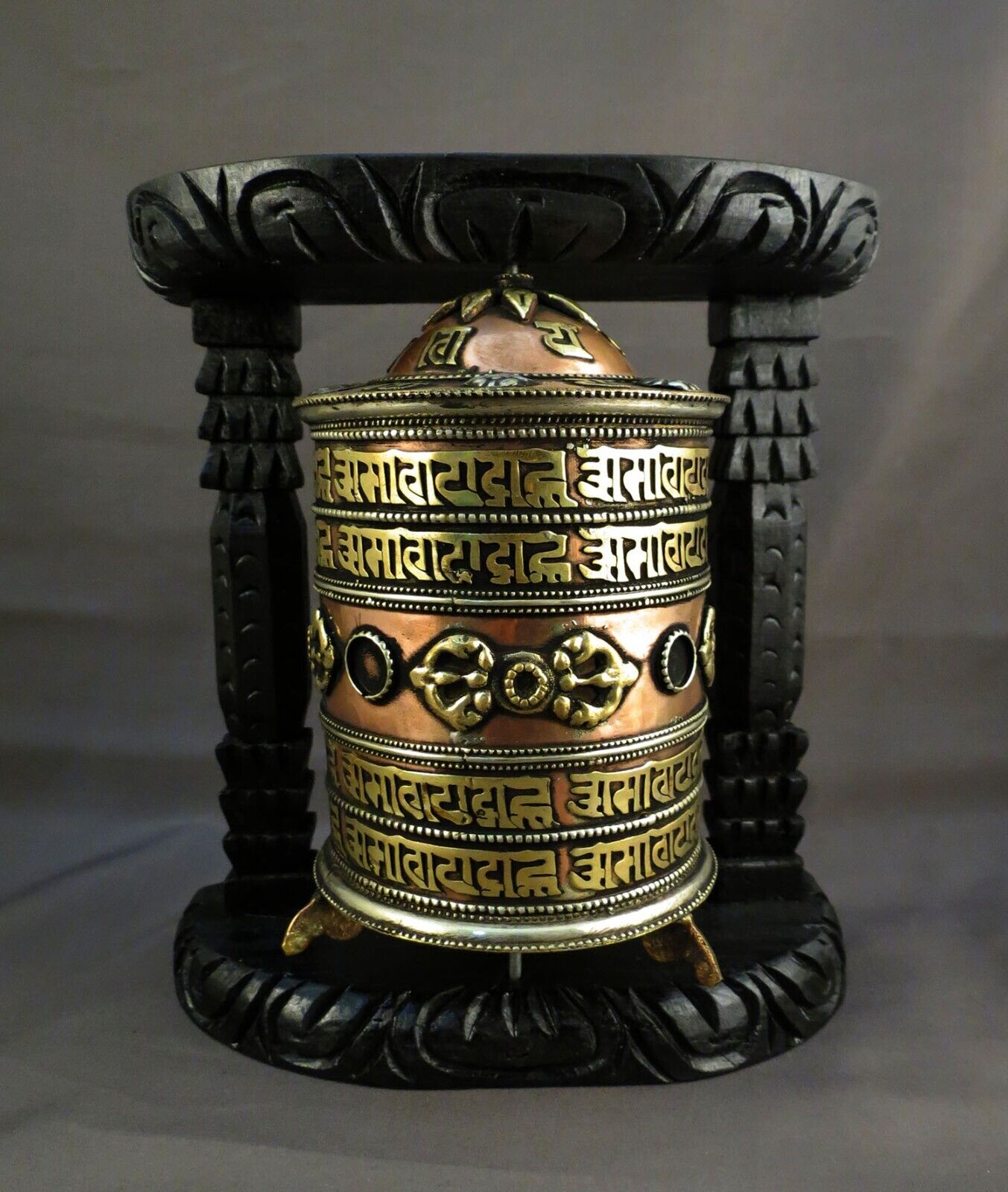 Buddhism Om Mantra Spirituality Offering Wooden Craved Frame Copper Brass Offering Prayer Wheel Nepal