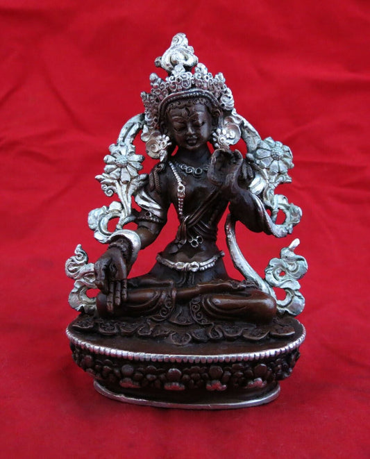 Tibetan Buddhism Goddess White Tara Rupa Silver Oxide Copper Statue Figure Nepal