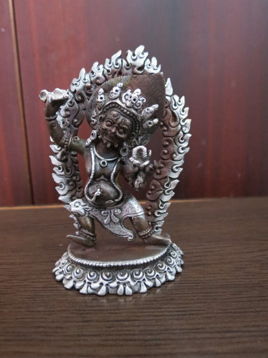 Tibetan Buddhism Protector God Vajrapani Copper Oxide Silver Plated Statue Figure Nepal