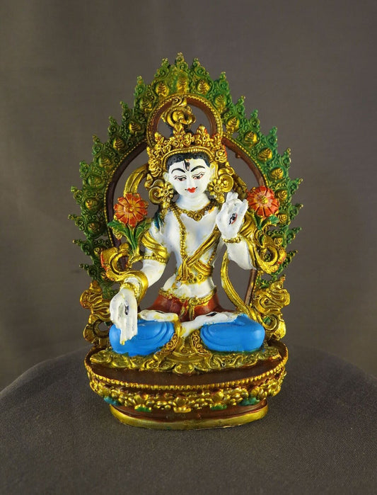 Tibetan Buddhism Goddess White Tara Gold Face Paint Copper Hand Paint Statue Figure Nepal