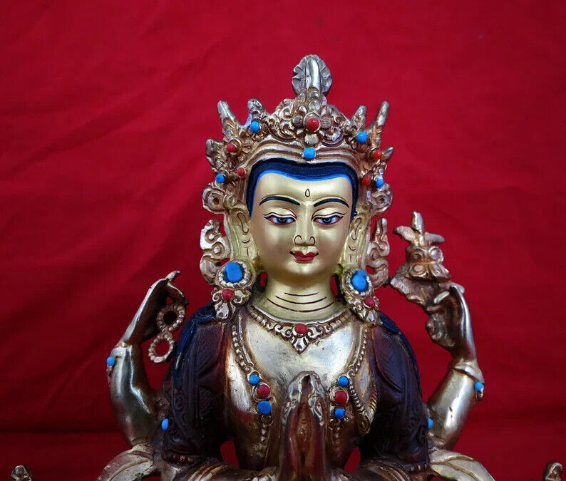 Tibetan Lord Chenrezig Khacheri 8.5" Mercury Gold Plated Copper Statue Figure